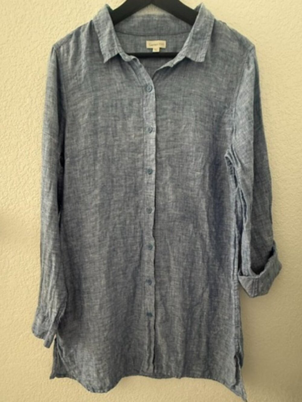 Garnet Hill Easy Linen Tunic Button Down Shirt Blue Chambray (Medium)